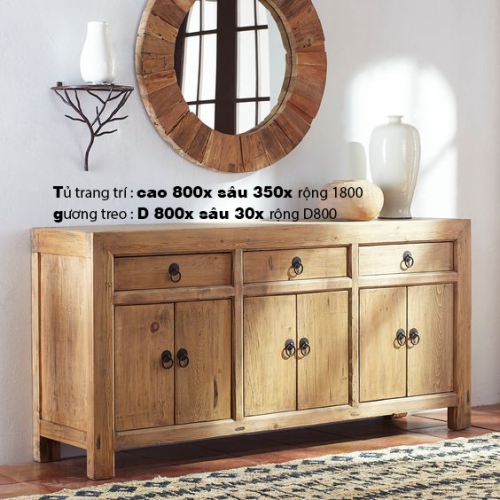 Tủ trang trí gỗ tự nhiên Cao 800 x Sâu 350 x Rộng 1800 + Gưng treo D800 x Sâu 30